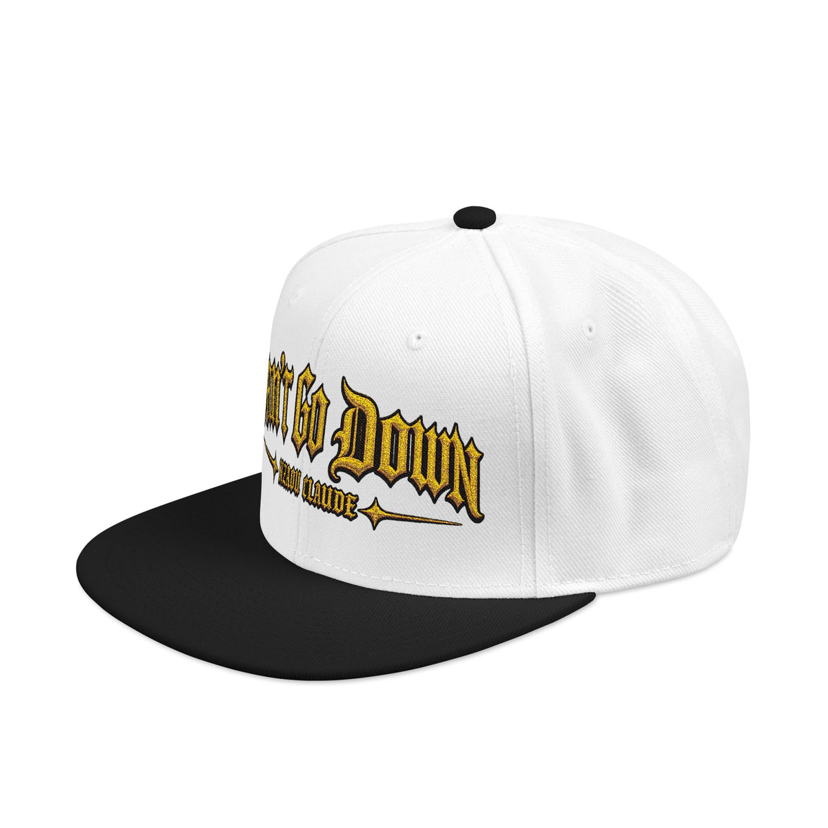 CAN’T GO DOWN Embroidered Snapback Cap – Nzaou Claude | Gothic Gold Streetwear