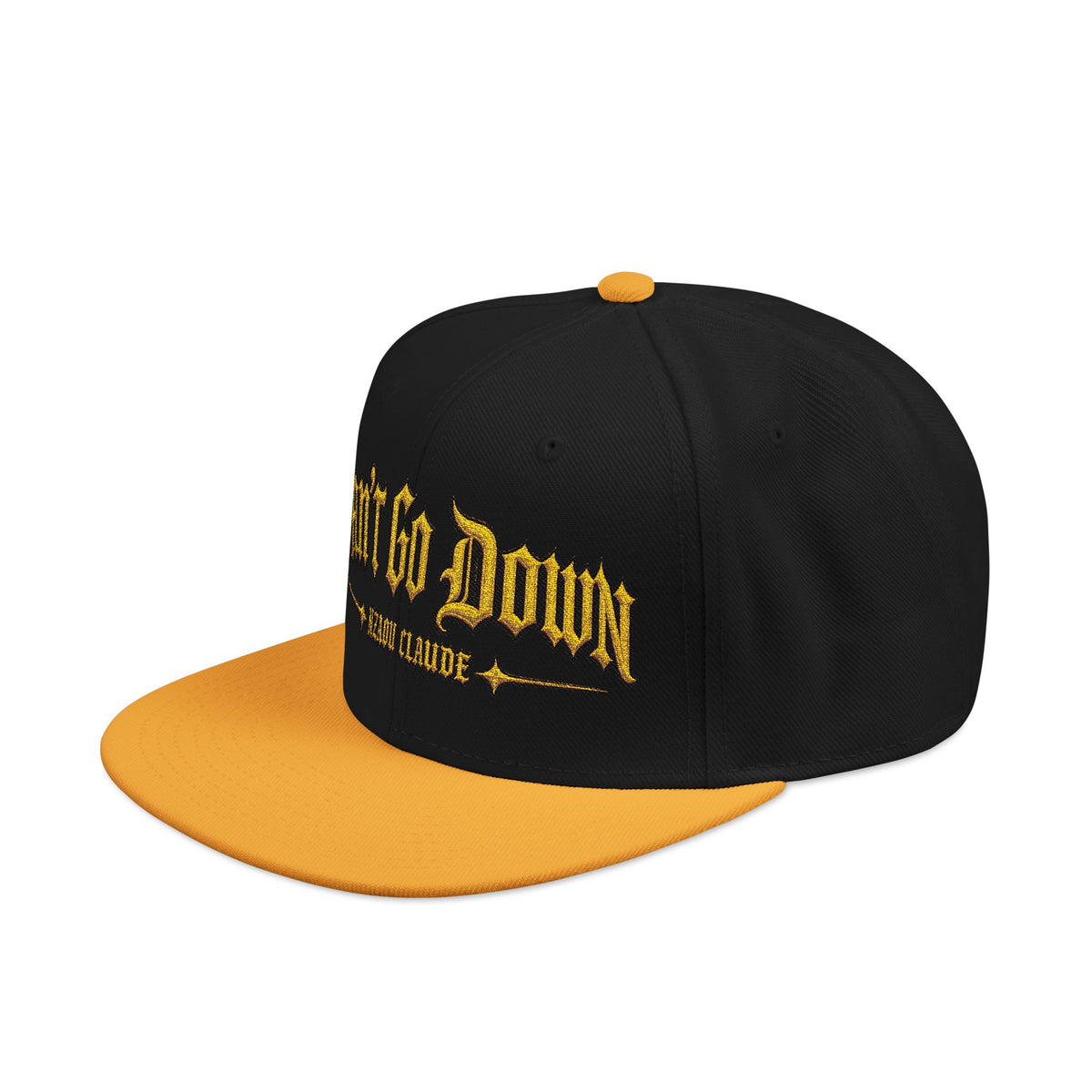 CAN’T GO DOWN Embroidered Snapback Cap – Nzaou Claude | Gothic Gold Streetwear