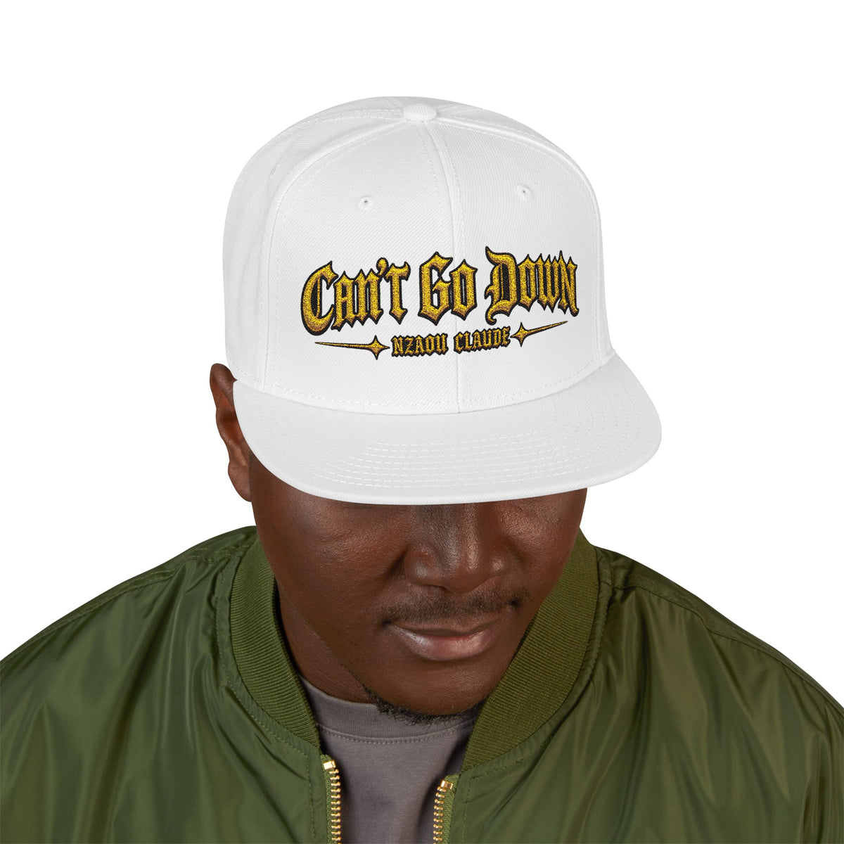 CAN’T GO DOWN Embroidered Snapback Cap – Nzaou Claude | Gothic Gold Streetwear