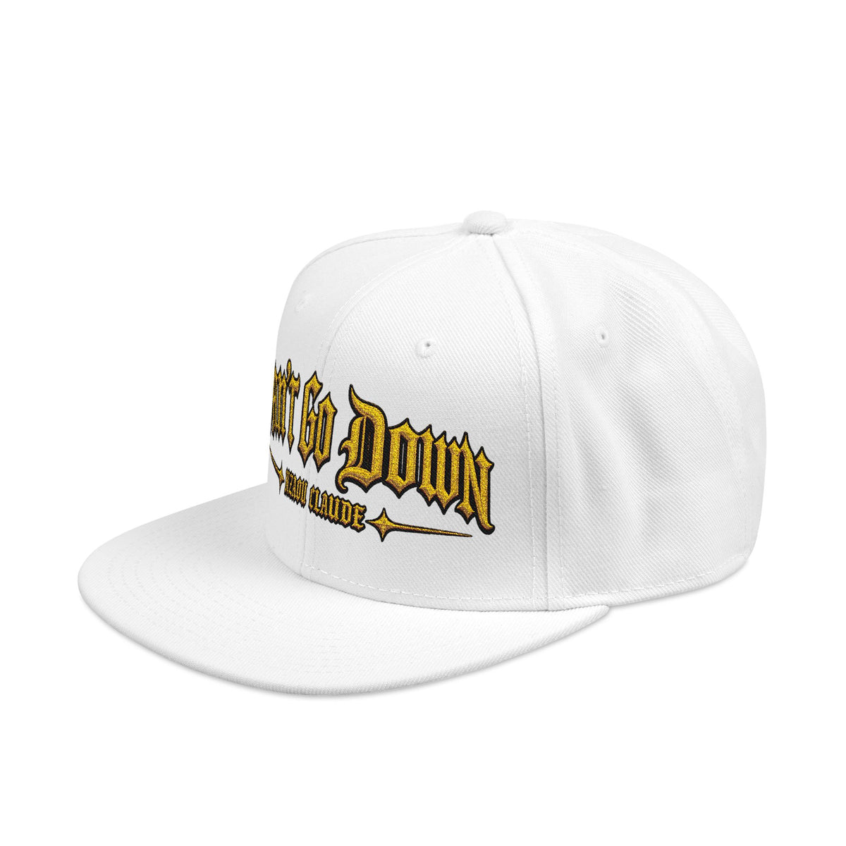 CAN’T GO DOWN Embroidered Snapback Cap – Nzaou Claude | Gothic Gold Streetwear