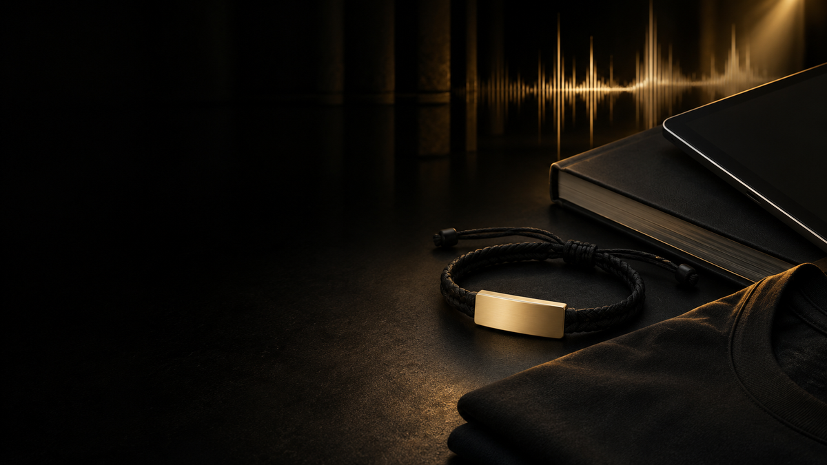 Nzaou Claude black and gold leather bracelet, book and t-shirt with a golden sound wave