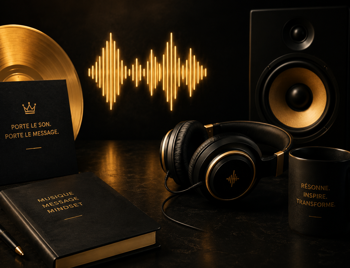 Nzaou Claude music universe: gold vinyl record, headphones, speaker, notebook and mug with a golden sound wave
