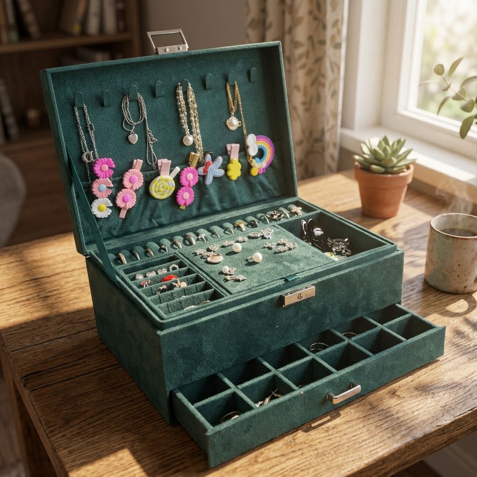 Luxurious Travel Jewelry Box - vue ouverte table bois