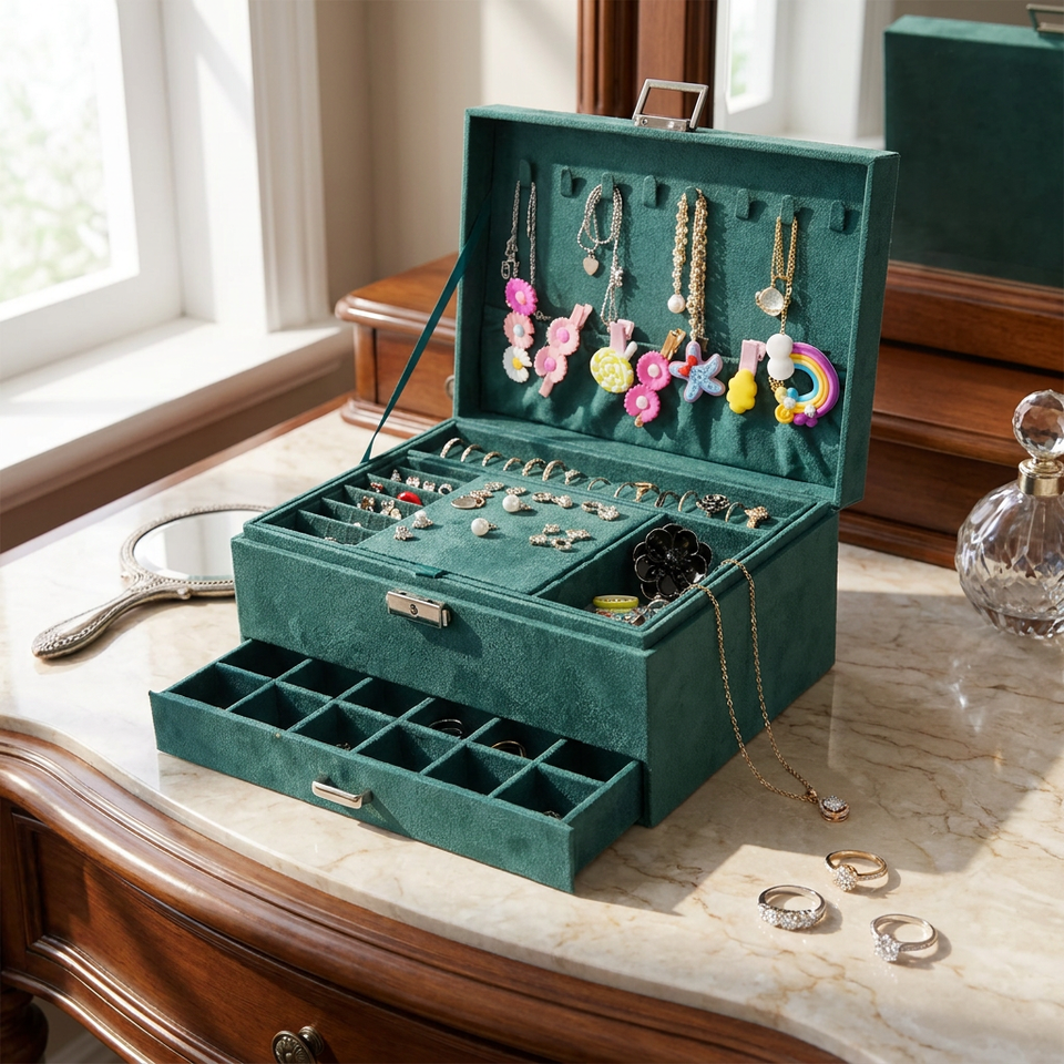 Luxurious Travel Jewelry Box - vue ouverte compartiments