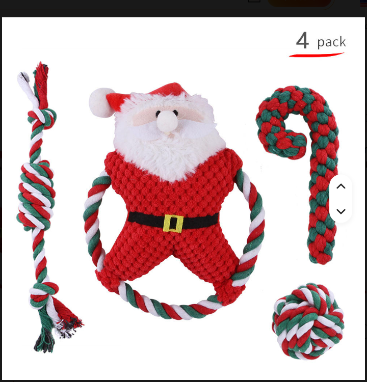 Four-piece Christmas dog rope toy set with Santa candy cane rope and ball