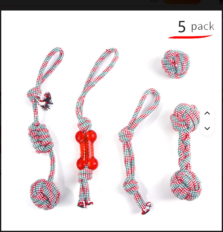 Five-piece festive rope dog toy set with red green and white rope toys