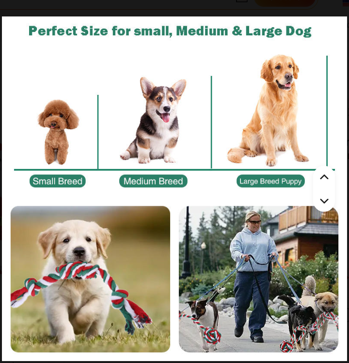 Christmas rope dog toy shown with small medium and large dogs